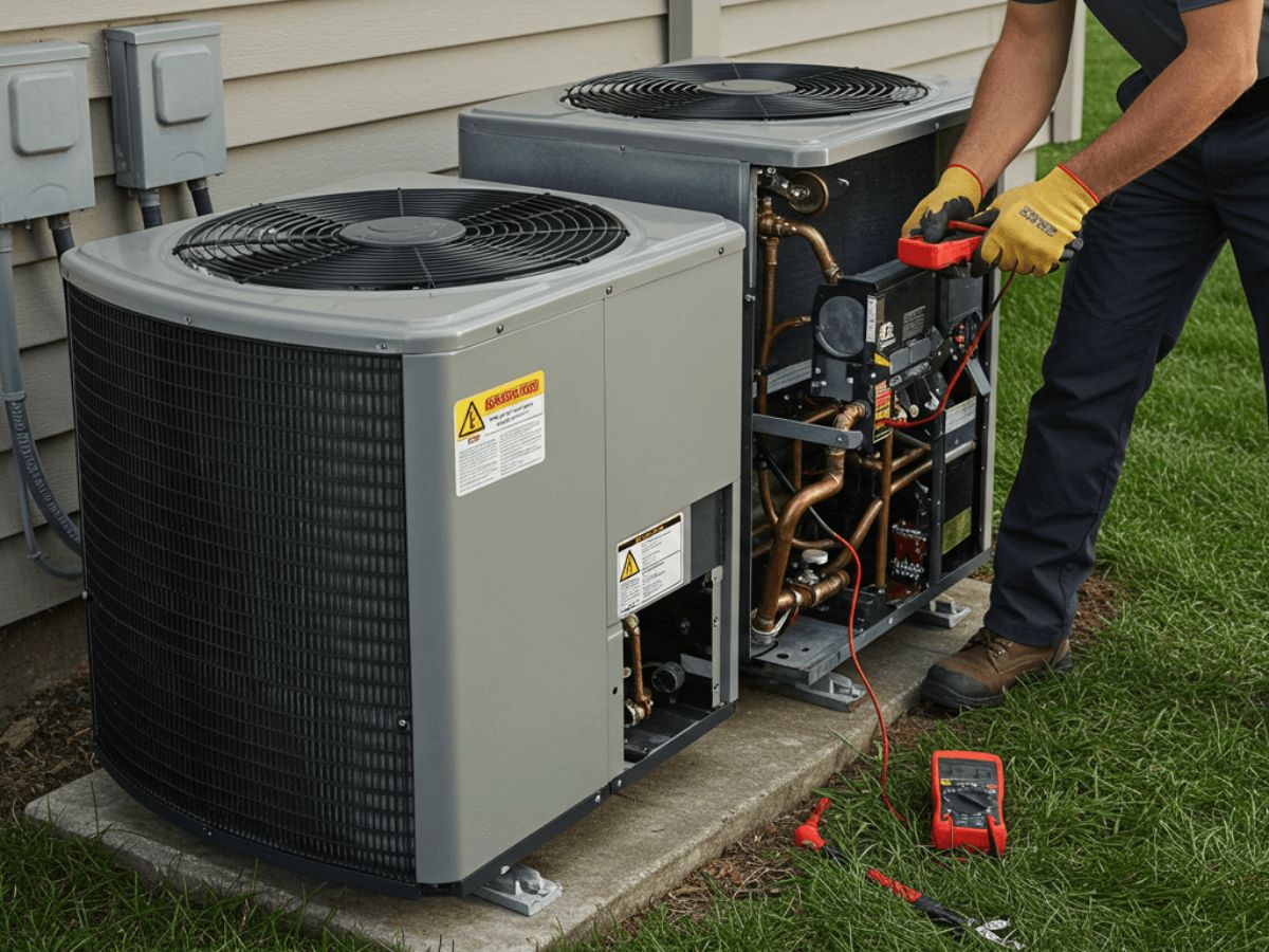 Wide view of a residential air conditioning system being serviced